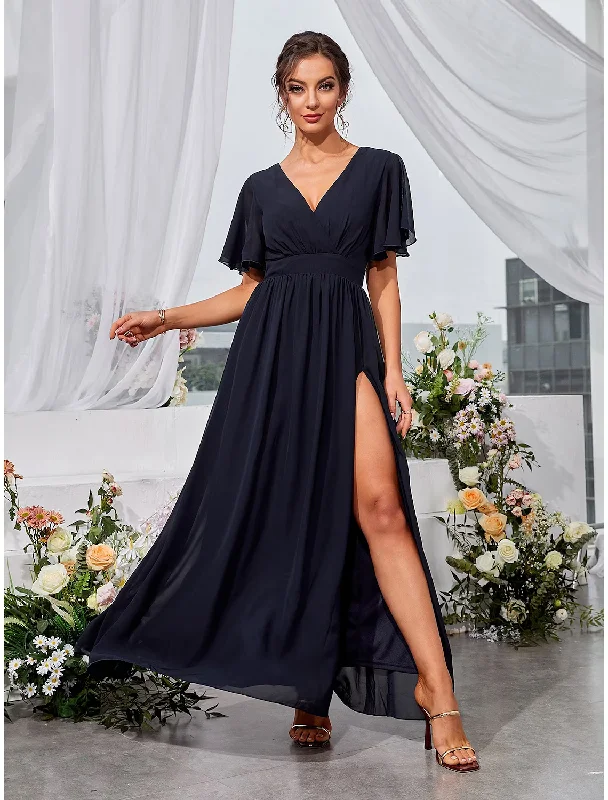 A-Line Wedding Guest Dresses Elegant Dress Holiday Floor Length Short Sleeve V Neck Chiffon Backless with Slit A-Line Wedding Guest Dresses Elegant Dress Holiday Floor Length Short Sleeve V Neck Chiffon Backless with Slit