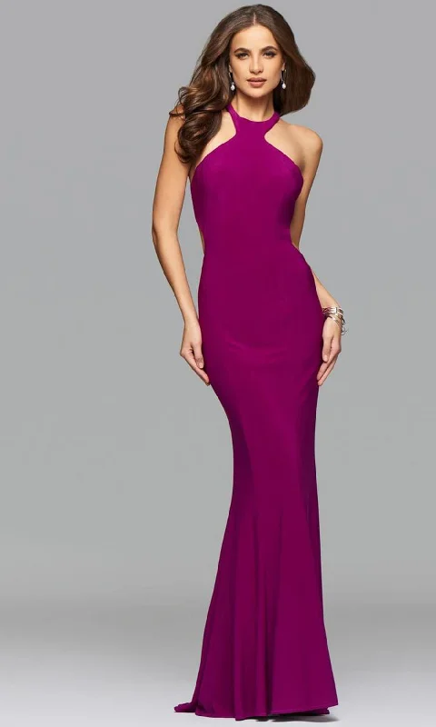 Faviana - Cutout Back Halter Long Jersey Evening Dress 7894SC