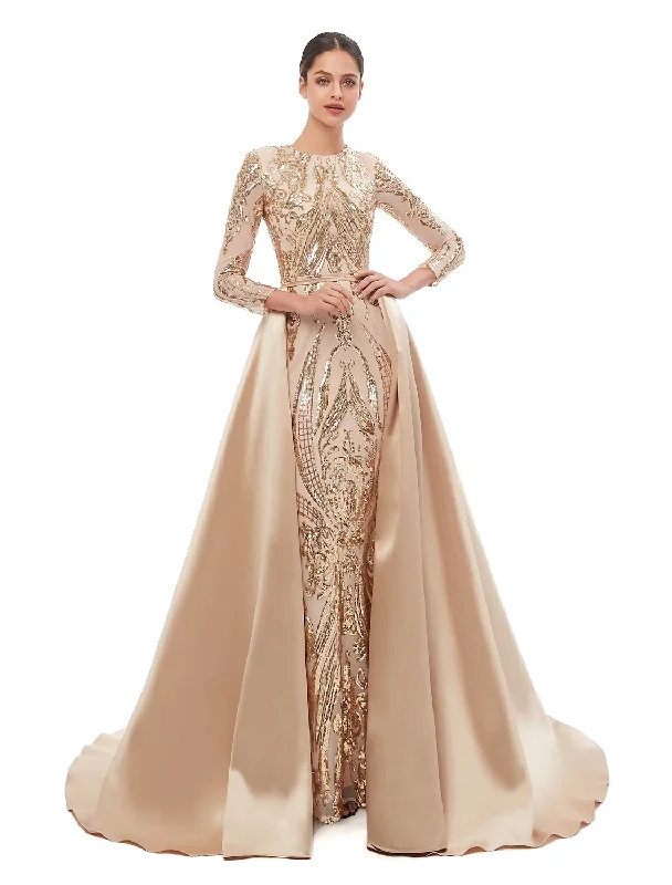 Elegant Vintage Prom Formal Evening Dress Long Sleeve Detachable Sequined