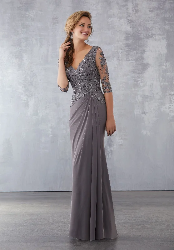 MGNY By Mori Lee - Embellished Deep V-Neck Draped Skirt Dress 71728