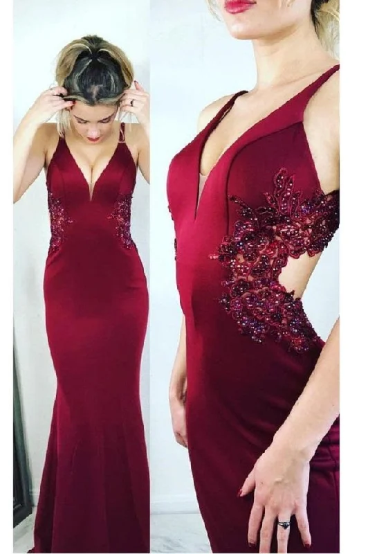 Shop Red Mermaid Prom Dress with Delicate Lace Appliques at Waist