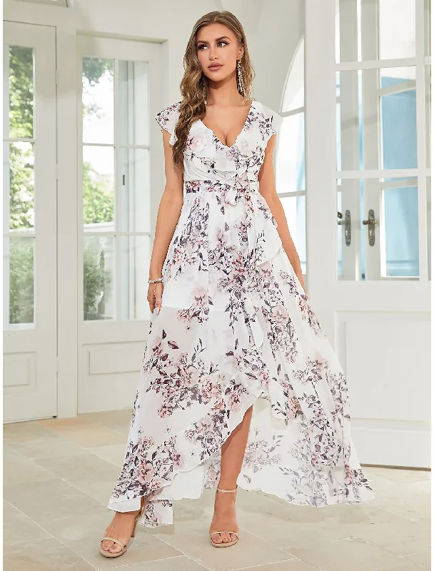 A-Line Wedding Guest Dresses Floral Dress Party Wear Asymmetrical Sleeveless V Neck Chiffon with Ruffles Strappy A-Line Wedding Guest Dresses Floral Dress Party Wear Asymmetrical Sleeveless V Neck Chiffon with Ruffles Strappy