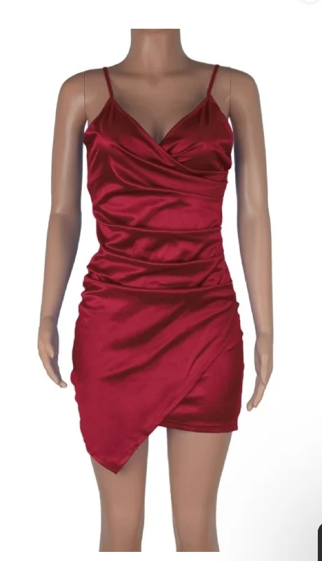 Premium Satin Slated Dress Cherry Red