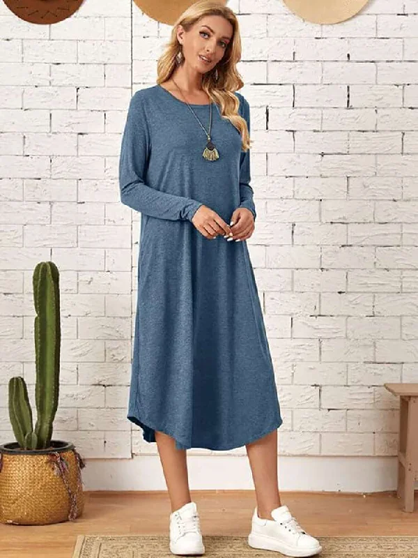 Casual Long Sleeve Pocketed Loose Mid Dresses