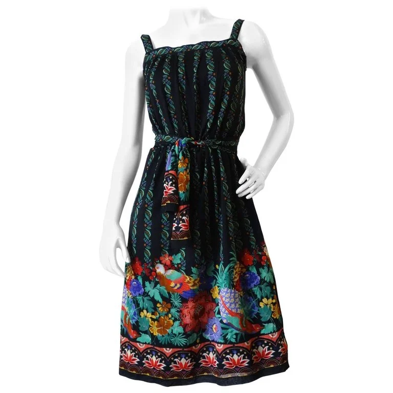 1970s Gottex Black Floral Printed Dress