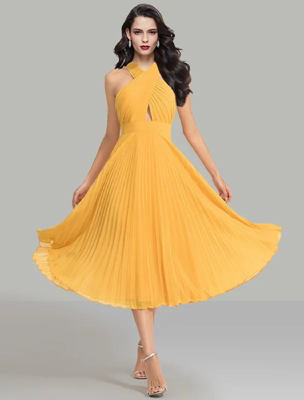 A-Line Wedding Guest Dresses Elegant Dress Cocktail Party Tea Length Sleeveless Halter Chiffon with Ruched A-Line Wedding Guest Dresses Elegant Dress Cocktail Party Tea Length Sleeveless Halter Chiffon with Ruched