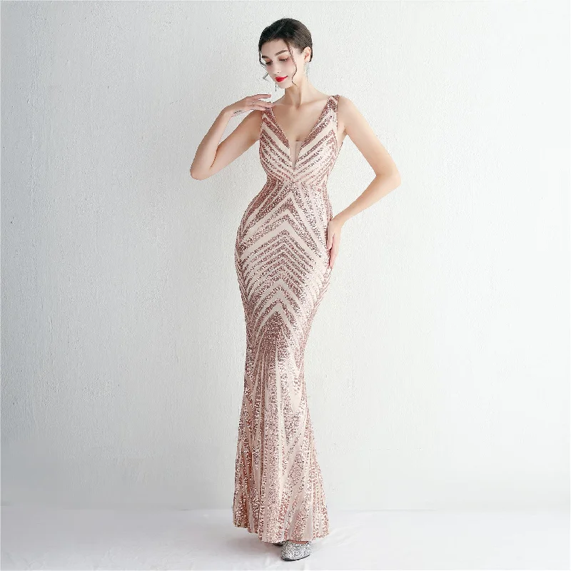 Illusion Plunging-V Neck sequin Mermaid Evening Dress