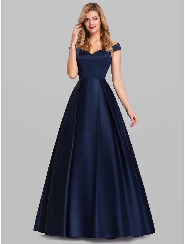 Elegant Prom Birthday Dress Off Shoulder Short Sleeve Floor Length Satin with Pleats