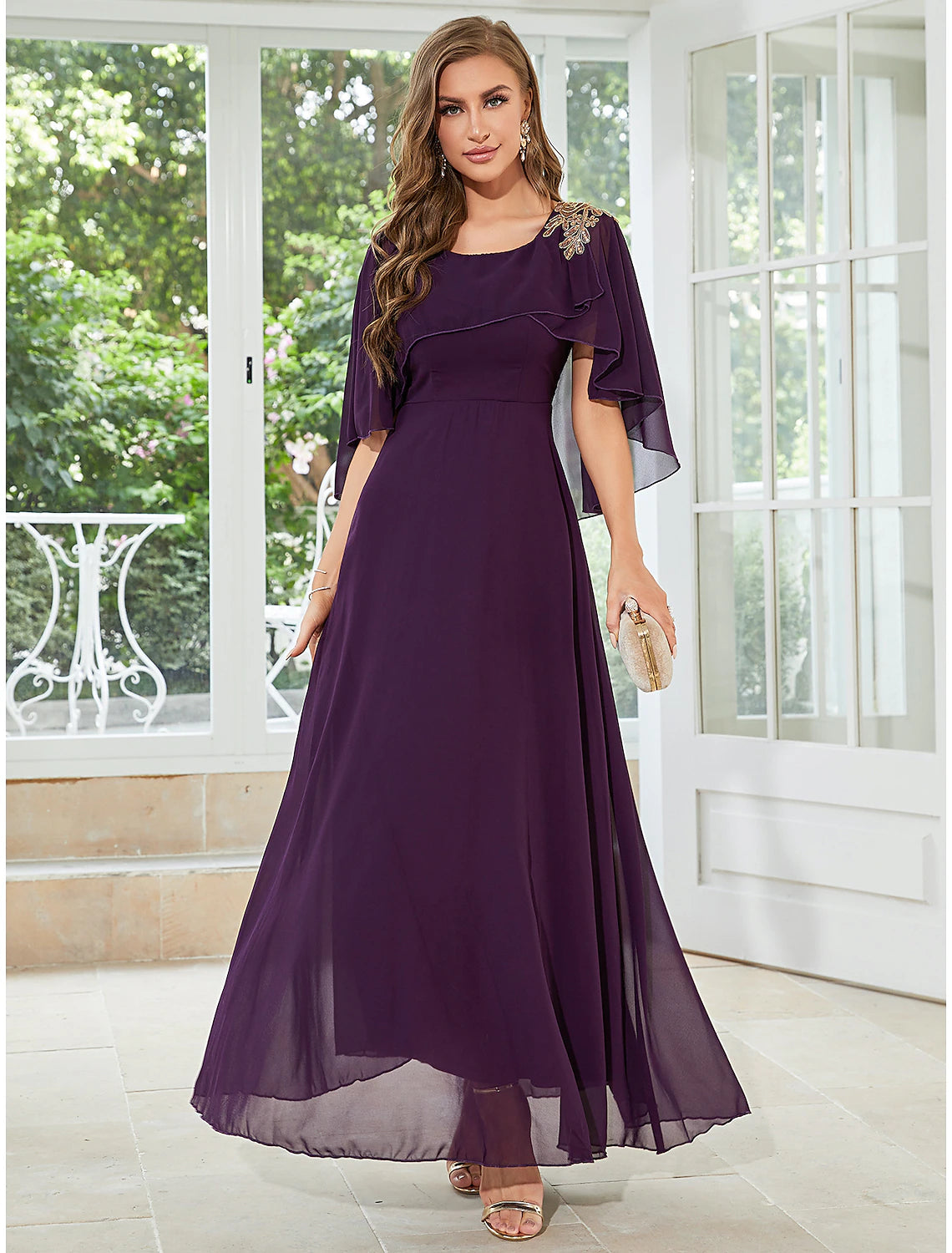 A-Line Wedding Guest Dresses Elegant Dress Party Wear Floor Length Half Sleeve Jewel Neck Chiffon with Ruffles A-Line Wedding Guest Dresses Elegant Dress Party Wear Floor Length Half Sleeve Jewel Neck Chiffon with Ruffles