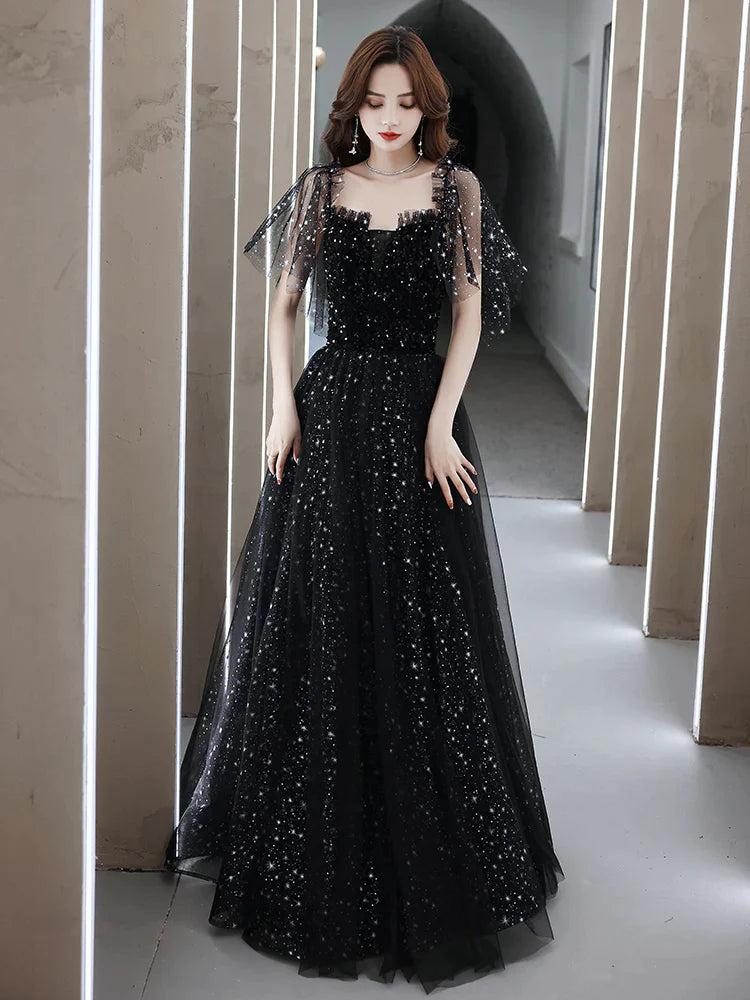 Black Off Shoulder Tulle Long Prom Dress, A-line Black Shiny Tulle Formal Dress