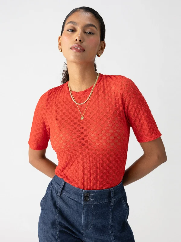 Geo Mesh Tee Cherry Red Beaded Sequined Faux Fur