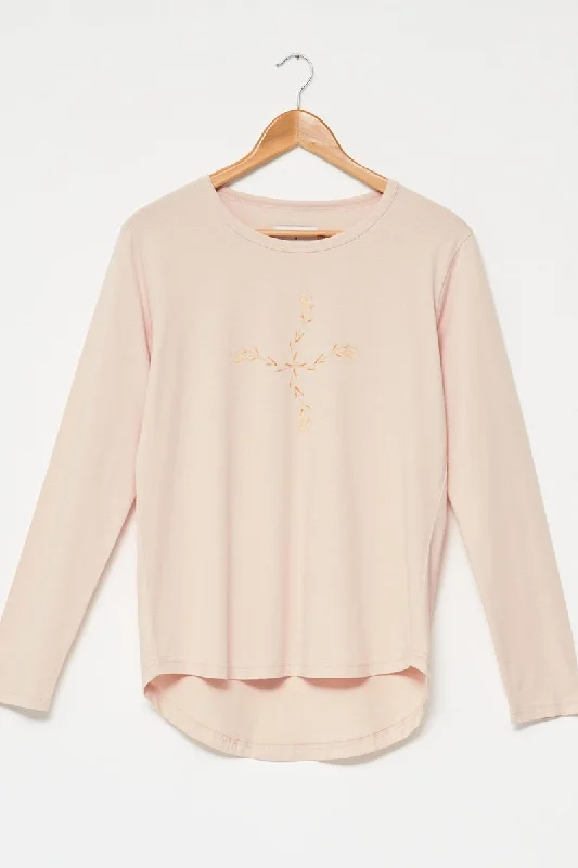 Stella + Gemma - Blush Floral Cross - Long Sleeve Tee Houndstooth Herringbone Solid