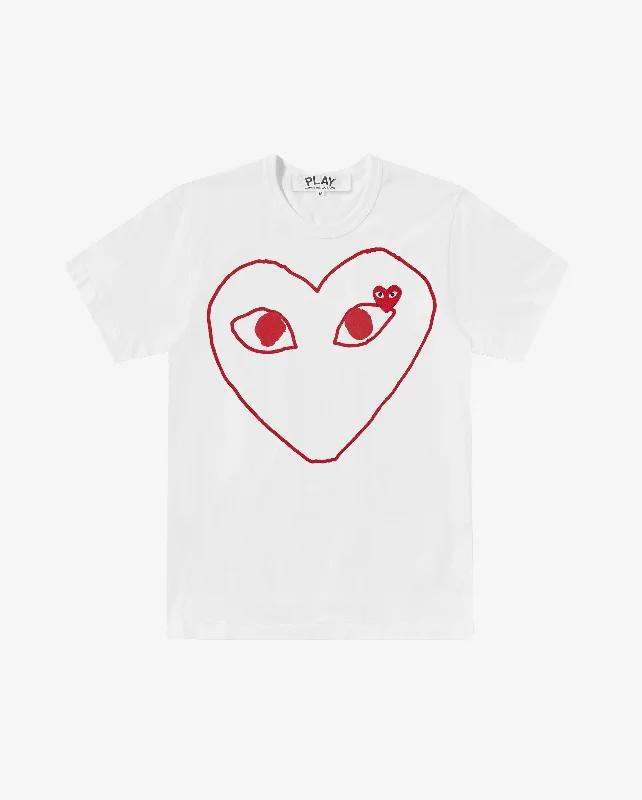 T100 UNISEX RED HEART OUTLINE T-SHIRT / WHITE Handmade Hand-knitted Hand-woven