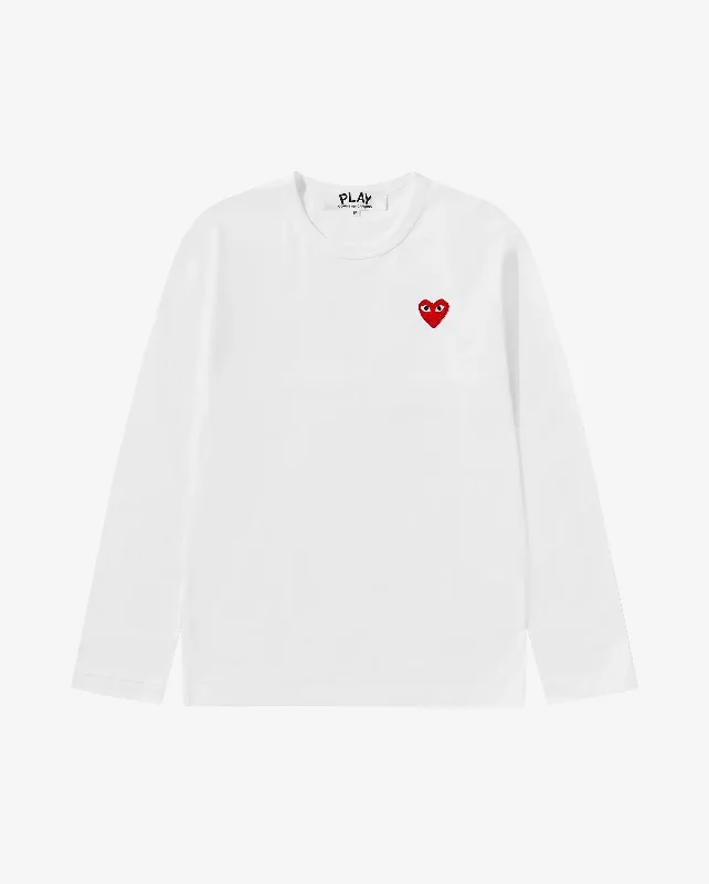 T118 UNISEX RED HEART L/S T-SHIRT / WHITE Collared Crew Neck Turtle Neck