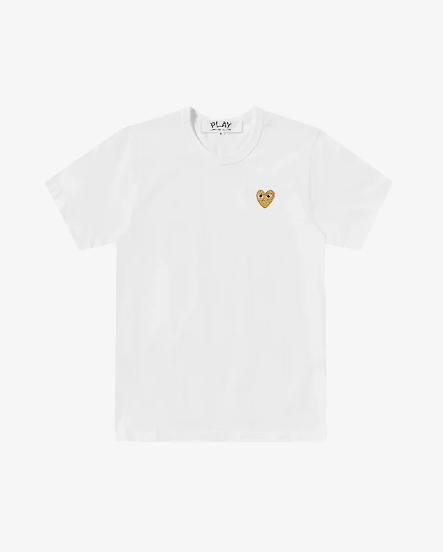 T216 UNISEX GOLD HEART T-SHIRT / WHITE Graphic Embroidered Appliqued