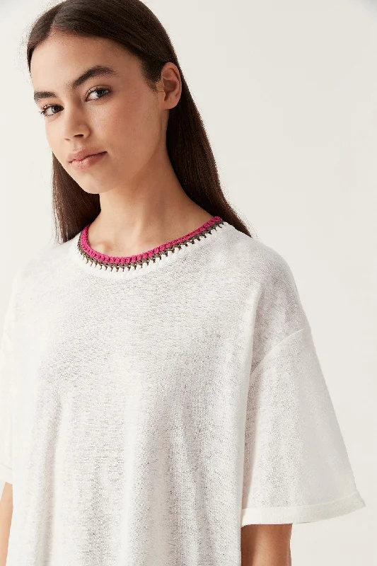 Tazia Crochet Neckline Tee Thin T-Shirt Open Front Quick Dry