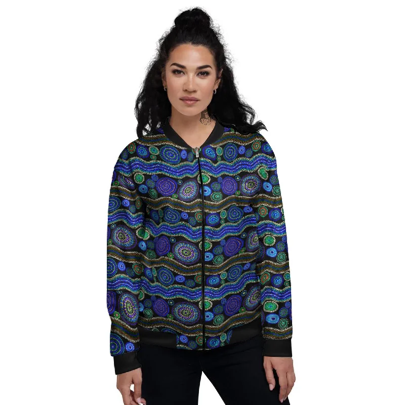 Aboriginal Dot Australian Print Women's Bomber Jacket Minimalist Black Bomber