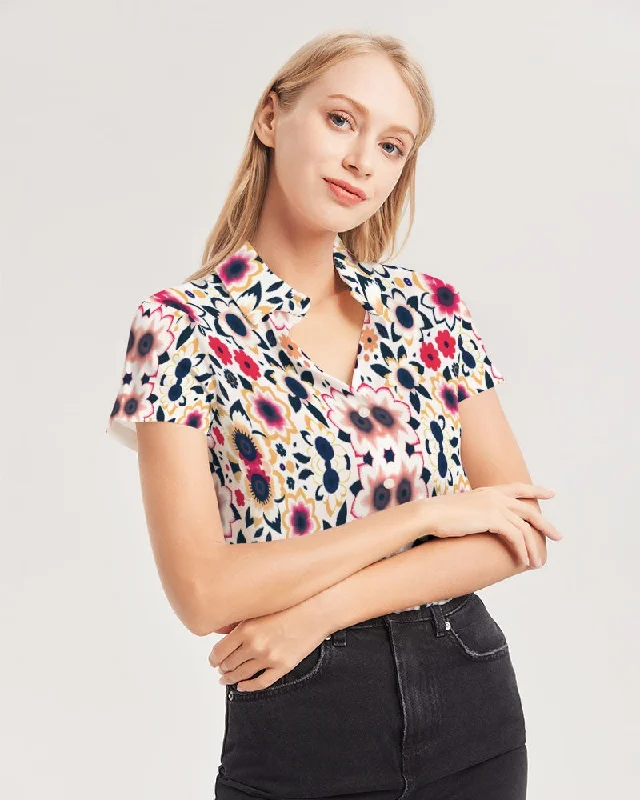 Abstract flower pattern Women's All-Over Print Short Sleeve Button Up Spandex Blend Rayon Blend Denim Blend