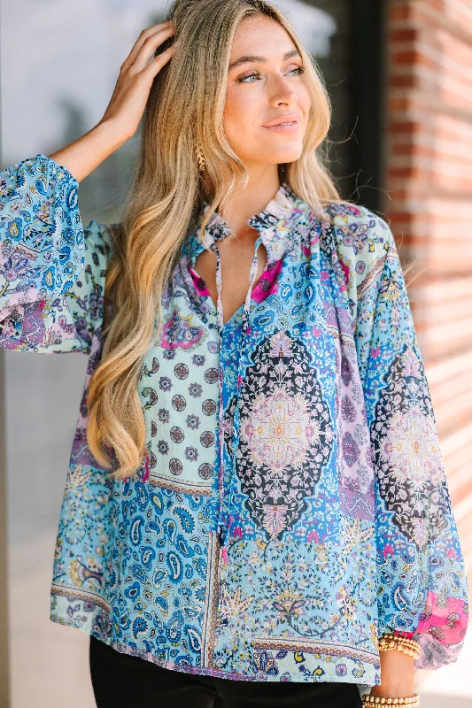Fate: All We Know Blue Mixed Print Blouse Sporty Drawstring Overalls