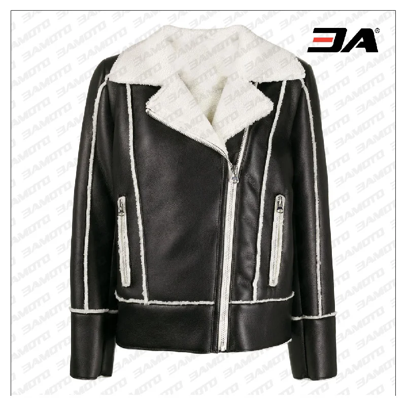 Black Fur Trimmed Zip-up Biker Jacket Casual Workwear Bomber