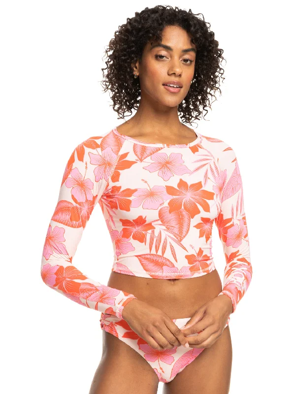 Crop Top Cropped Long Sleeve Rashguard - Pale Dogwood Lhibiscus