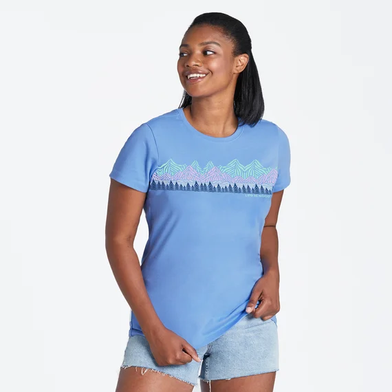 Women's Woodblock Mountain Scene Short-Sleeve Crusher Tee - Cornflower Blue