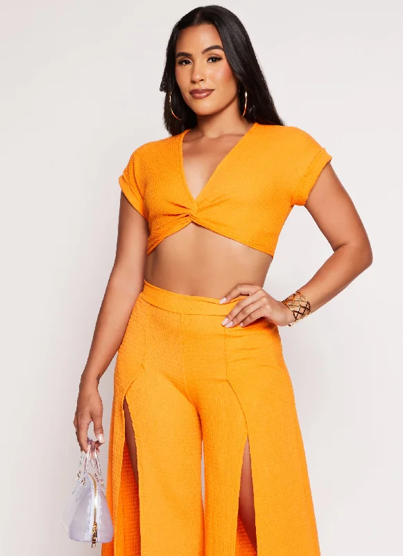 Fixed Cuff Twist Front Crop Top Print Jacquard Patchwork