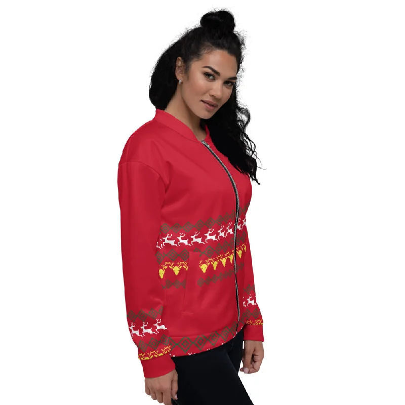 Red Christmas Unisex Bomber Jacket, Red Modern Christmas Themed Fleece Jacket-Made in EU Gold Zipper Bomber