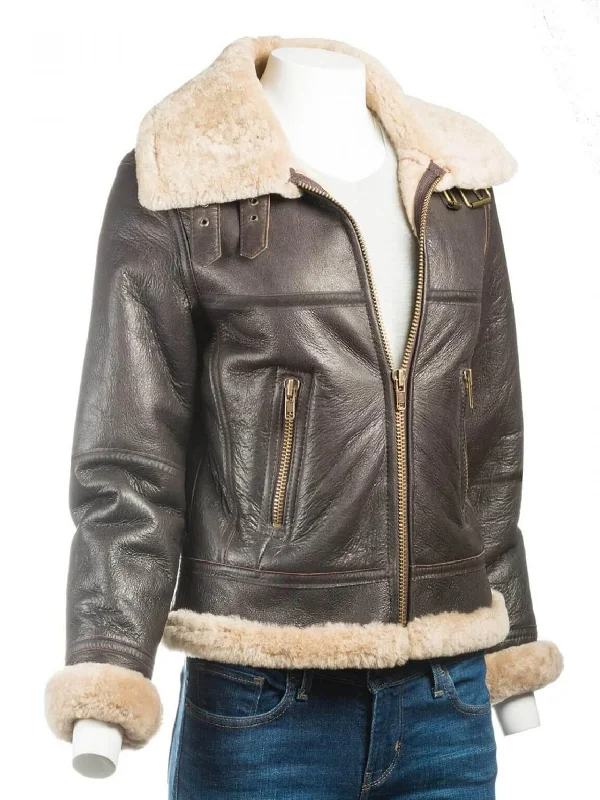 Womens Brown B3 Bomber Aviator Shearling Jacket Turtleneck Collar Bomber