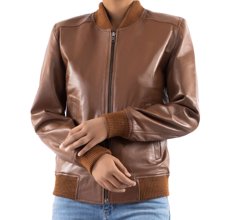 Women's Classic Baseball Cognac Leather Bomber Style Jacket Reflective Night Bomber