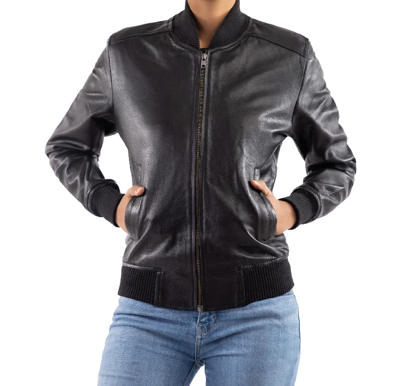 Women's Genuine Leather Classic Baseball Black Bomber Style Jacket Chic Leather Bomber