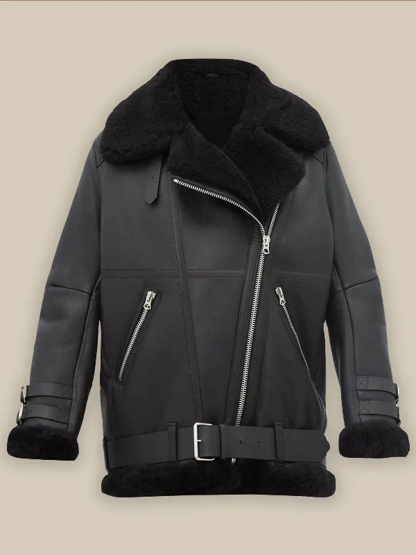 Women's Pitch Black B3 Shearling Leather Jacket Chic Monochrome Bomber