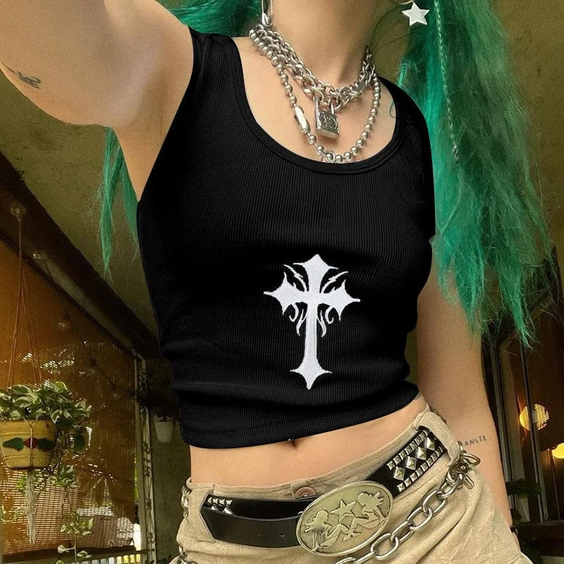 Women's Punk Cross Crop Top Jersey Fabric Tulle Fabric Batik Fabric