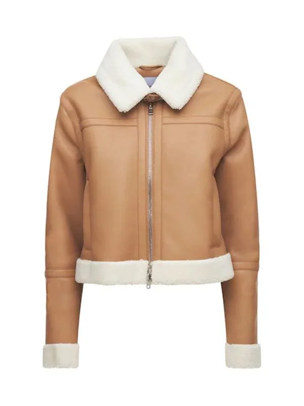 Womens Tan Brown Shearling Leather Jacket Soft Fleece Bomber