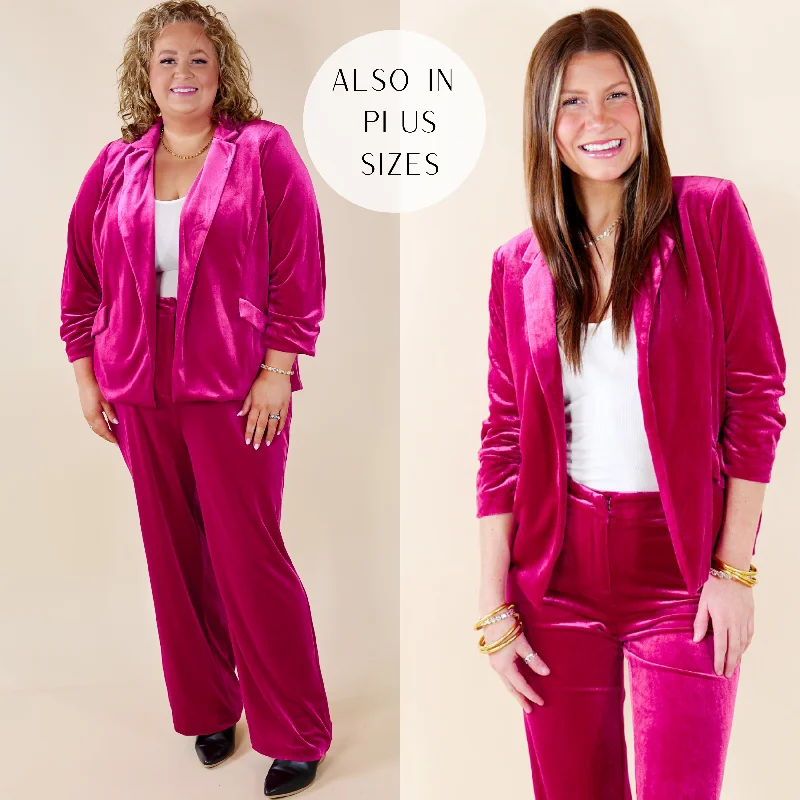 Chic Arrival 3/4 Sleeve Velvet Blazer in Fuchsia Pink