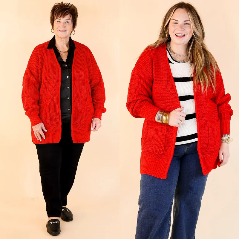 Cozy Layers Waffle Knit Cardigan in Ruby Red Front Pockets Side Pockets Patch Pockets