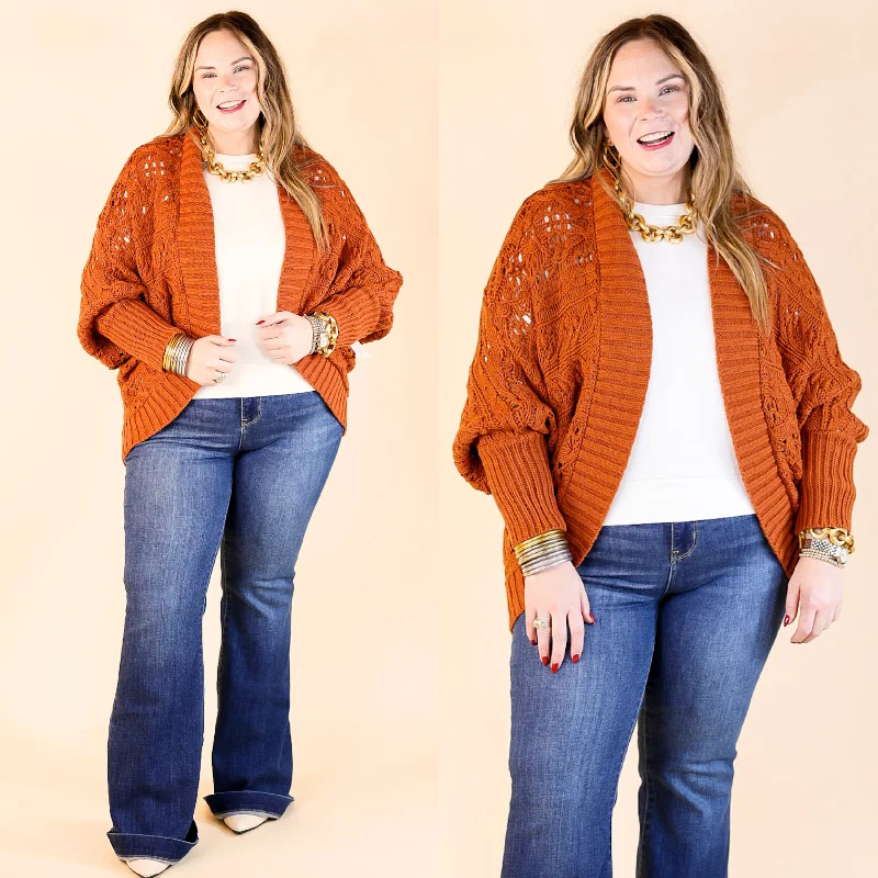 Incredibly Cozy Cable Knit open Front Cardigan in Rust Brown Tiered Jacket Buttoned Jacket Zippered Jacket