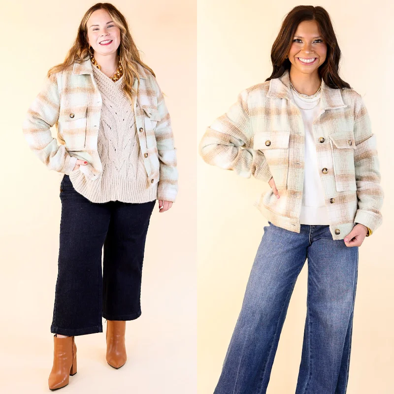 Lost In the Redwoods Button Up Cropped Plaid Jacket in Pistachio Mix Satin Jacket Silk Jacket Chiffon Jacket