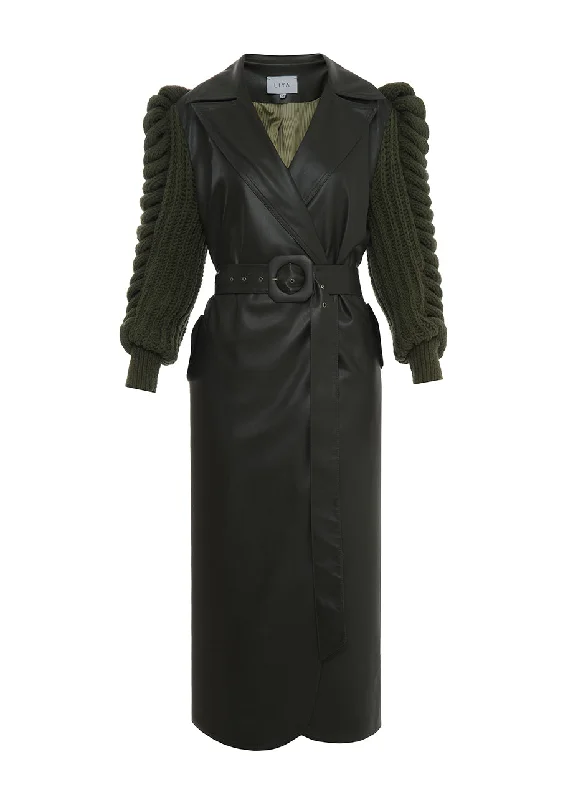 FAUX LEATHER COAT WITH KNITTED SLEEVES Waterproof Rain Jacket