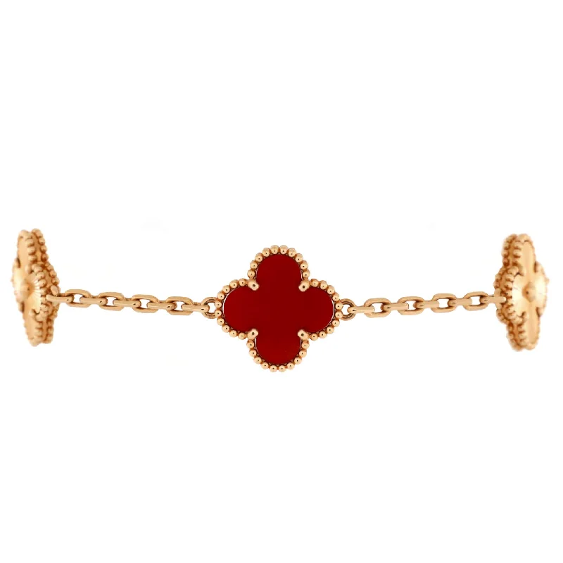 Customized Silver Jewelry For Unique Style Vintage Alhambra 5 Motifs Bracelet Guilloche 18K Rose Gold and Carnelian